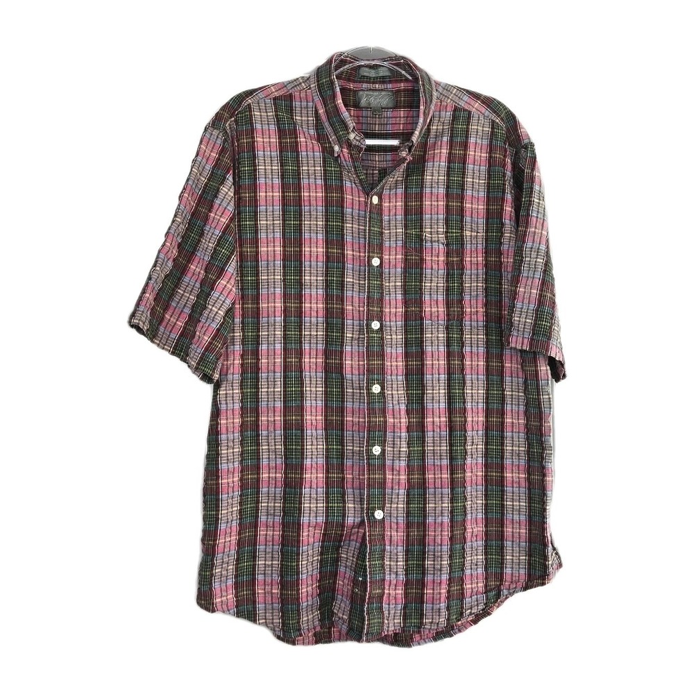 Lord & Taylor Vtg Mens Madras Plaid Shirt Sleeve Shirt Size L Button-down Pink